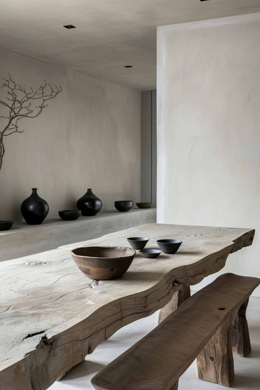 Minimalist room with a rustic wooden table and bench, black bowls on the table, and decorative vases on a shelf.