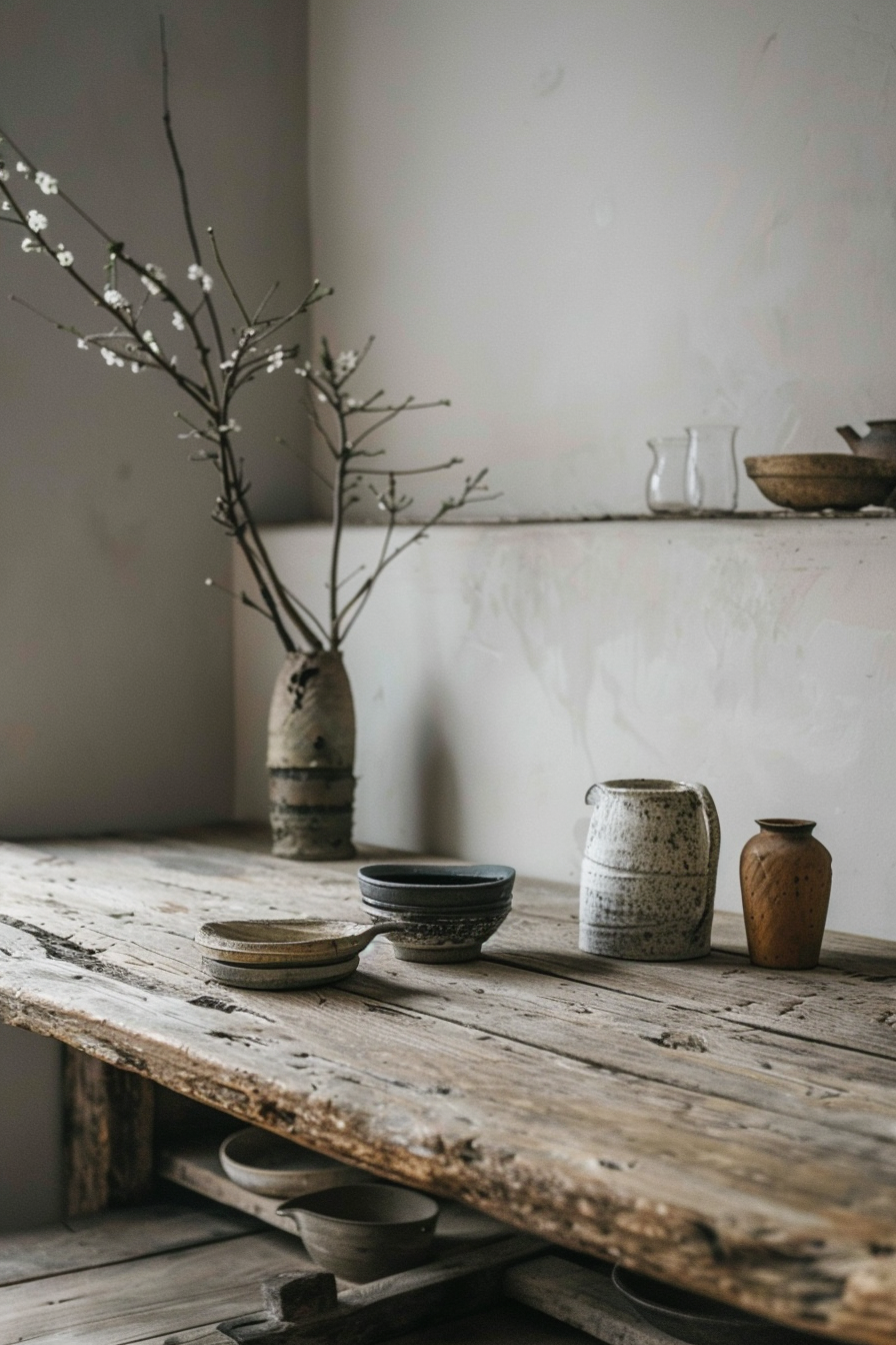 Rustic wooden table with ceramic dishes and a vase with branches, evoking a serene and minimalist aesthetic.
