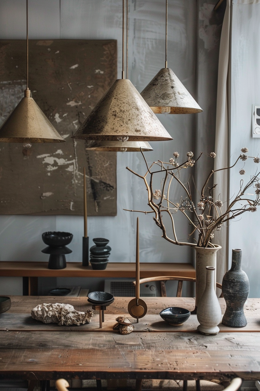 Three rustic pendant lights hanging above a wooden dining table adorned with ceramic vases, bowls, and dried branches.