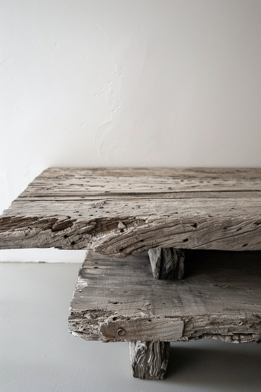 ALT: A minimalist rustic wooden bench with a weathered texture against a white wall.