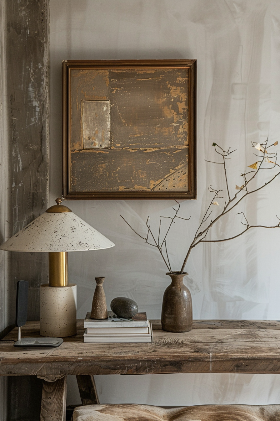Rustic home interior with distressed gold-framed artwork, ceramic lamp on speckled books, and a vase with bare twigs on a wooden table.