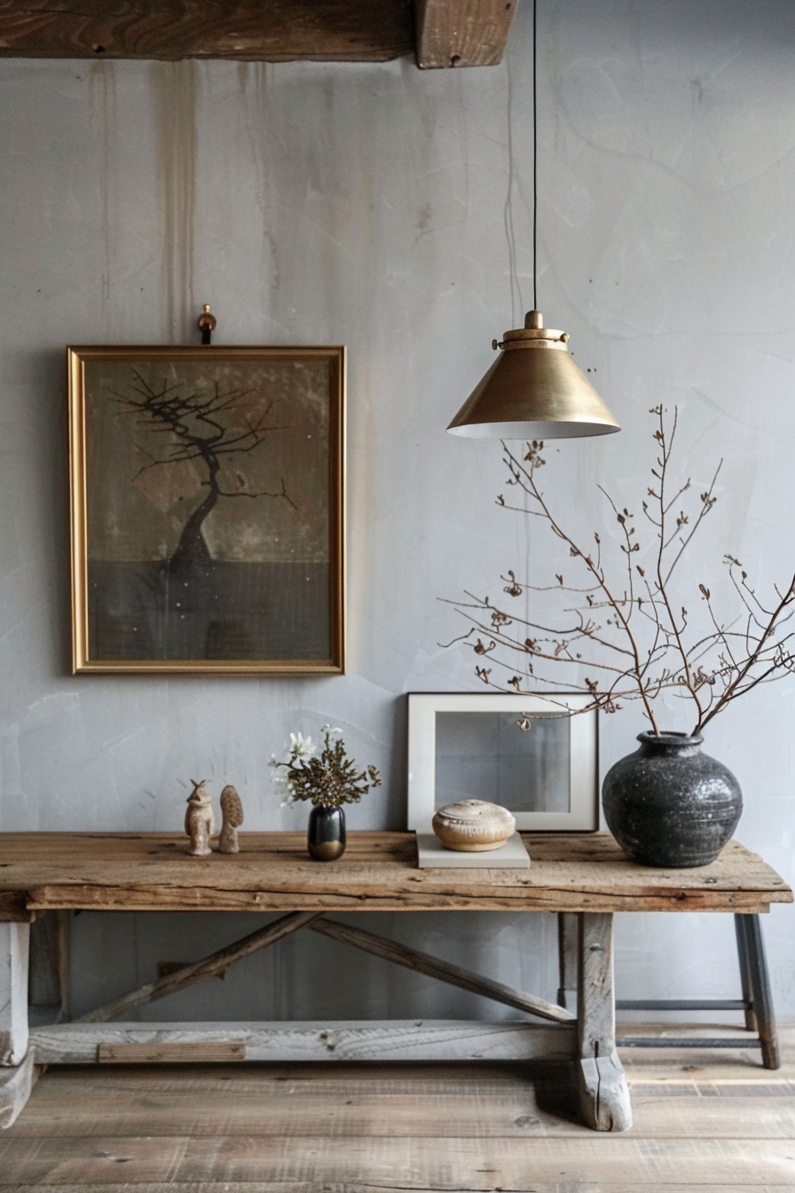 Rustic wooden table with decorative objects, a large vase with branches, under a hanging lamp, against a textured wall with a framed picture.