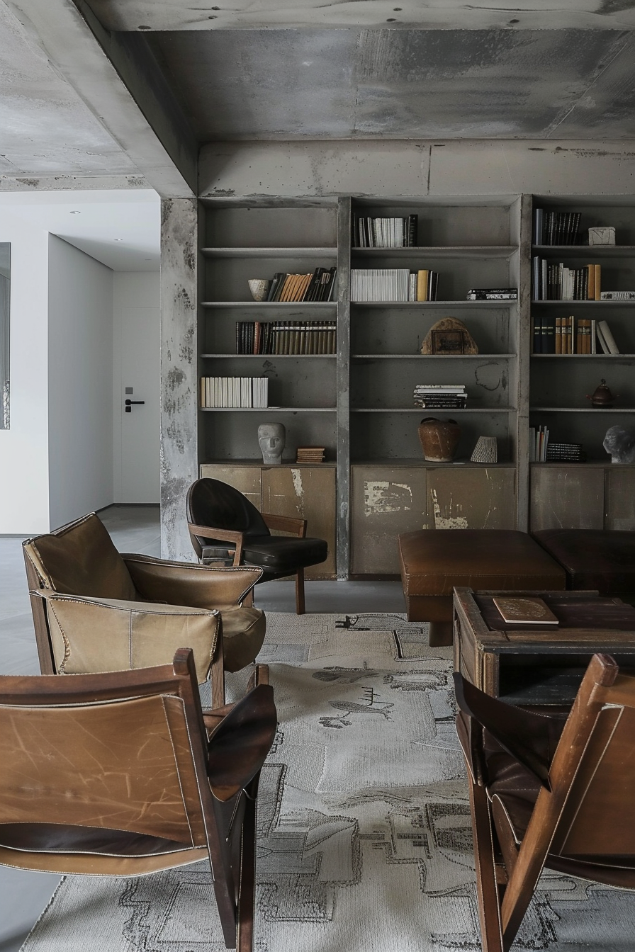 Modern industrial living room with concrete ceiling, leather chairs, and a bookshelf filled with books and decorative items.