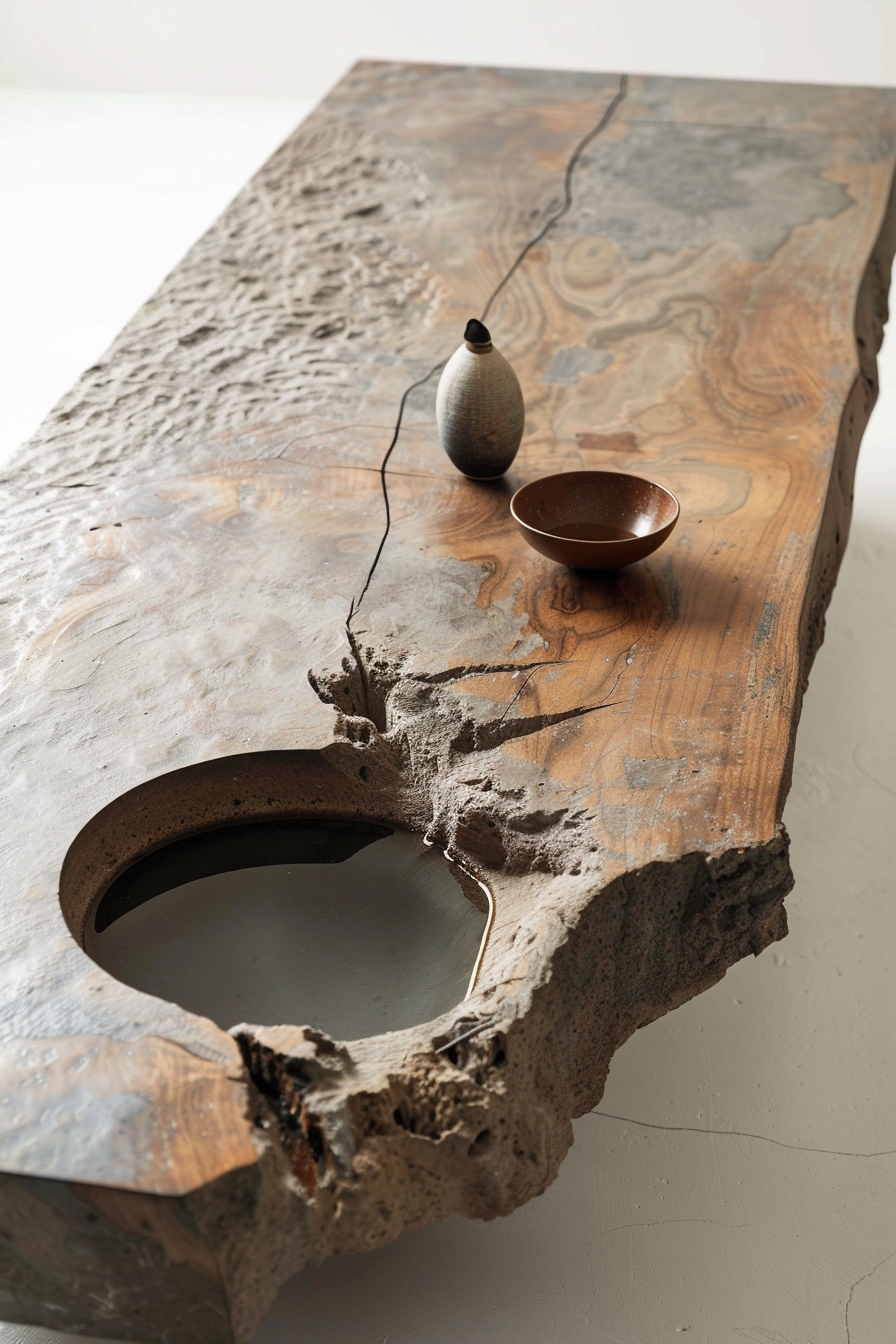 A rustic wooden table with a natural edge, featuring a hollowed-out section, with a vase and bowl on its surface.