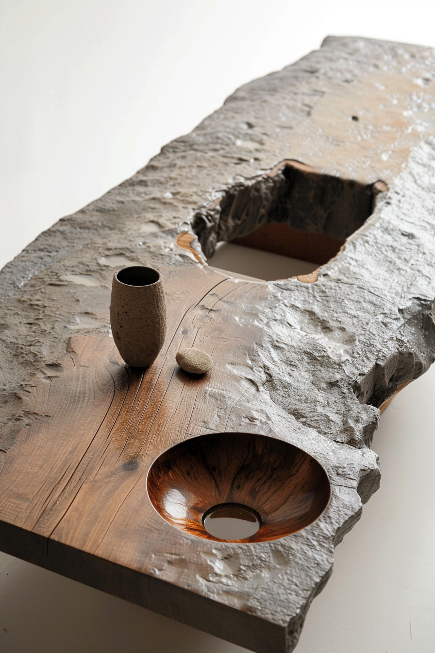 Rustic wooden table with natural edge, featuring a vase and stone, with integrated round basin.