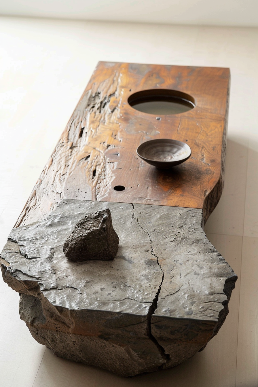 Unusual wooden table with two recessed bowls, juxtaposed with a cracked stone slab and a small rock on top.