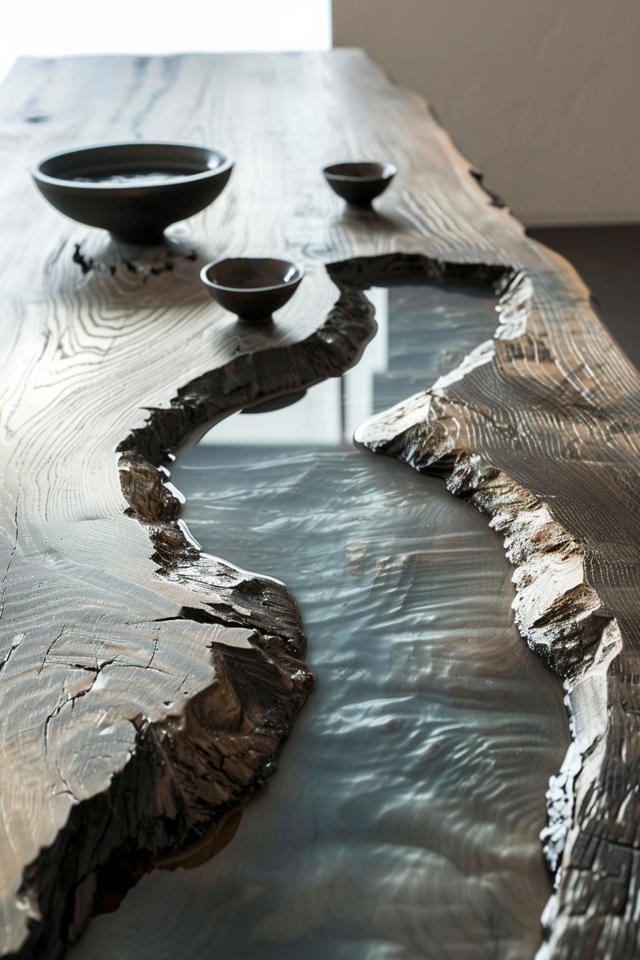 ALT: A close-up of an artistic wooden table with a jagged resin-filled river design, showcasing three black bowls on its textured surface.