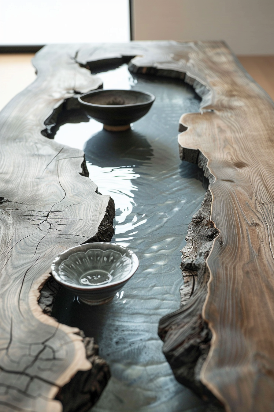 ALT: A natural-edge wooden table with a glossy epoxy inlay resembling a flowing river, featuring two ceramic bowls arranged gracefully on top.