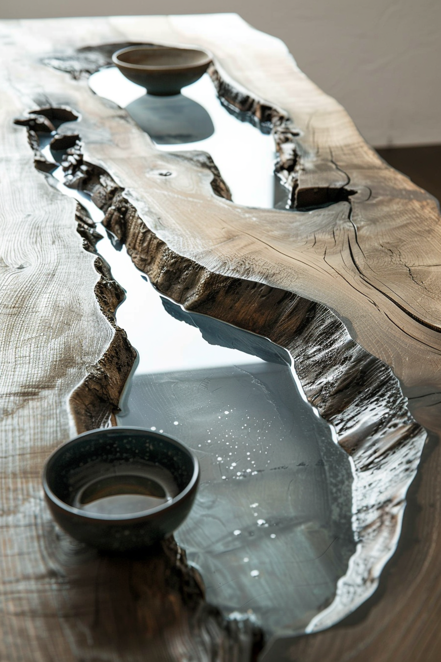 Epoxy resin river table with a natural wood edge and two ceramic bowls on the surface.