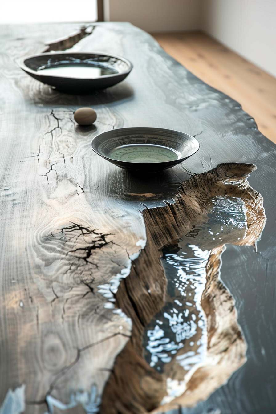 Two ceramic bowls on a rustic wooden table with natural grain and a water-filled crevice, reflecting light.
