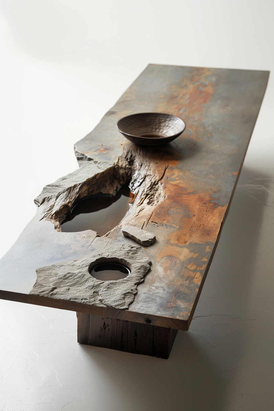 Rustic wooden table with natural holes and a dark bowl on it, contrasting modern and natural design elements.