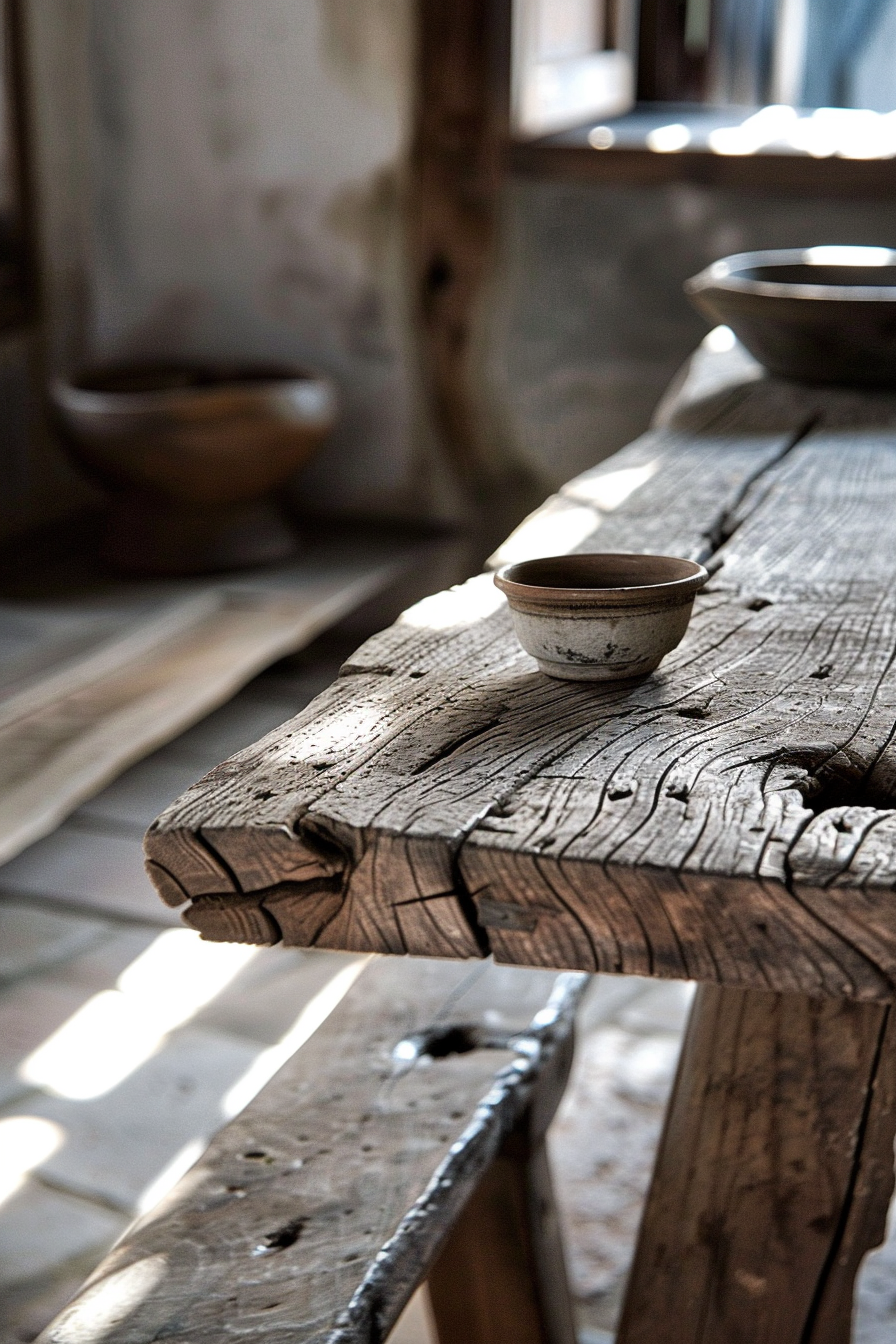 "Small ceramic bowl on an aged wooden table with a rustic texture, conveying a serene, historical atmosphere."