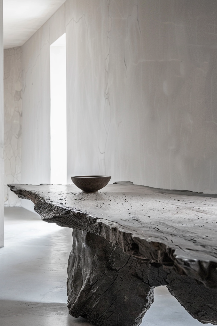 Rustic wooden table with a textured surface and natural edges, featuring a single dark bowl on top, set against a white marbled room.