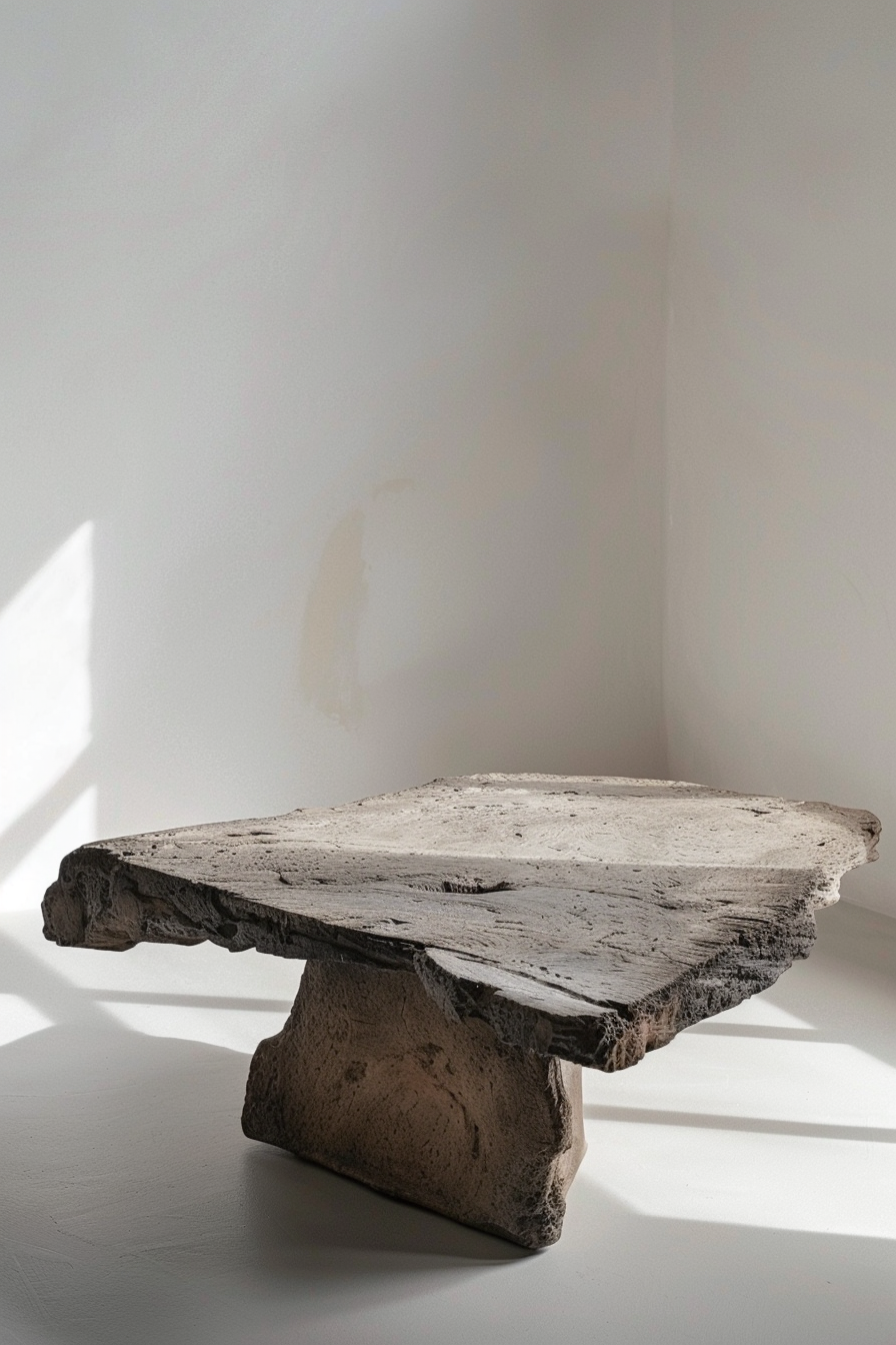 ALT: A rustic, textured stone table with a thick top and solid base, casting a shadow in a room with soft, natural light.