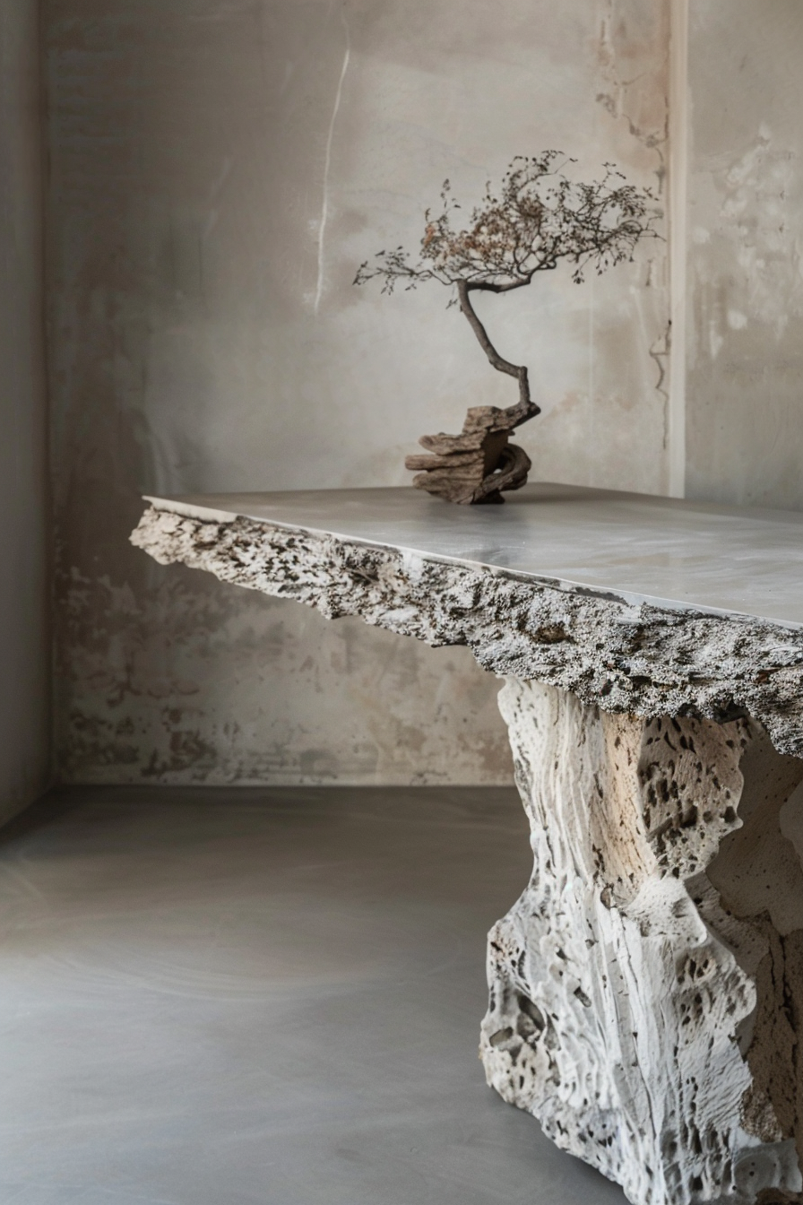 ALT text: "A minimalist interior featuring a unique table with an organic, uneven-edge design, supported by a textured rock-like base, topped with a small decorative tree."