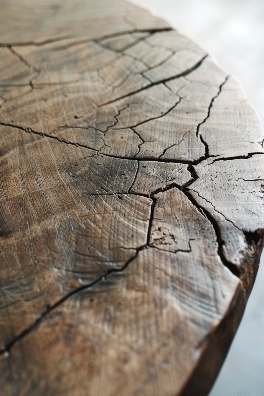 Close-up of an aged wooden stump with prominent cracks and tree rings, highlighting natural textures.