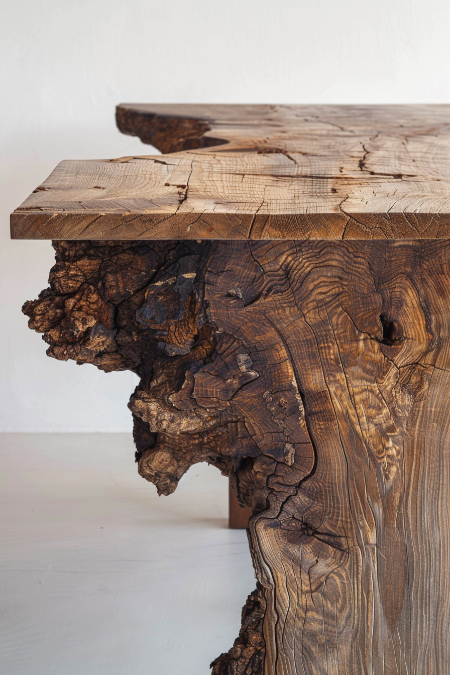 Rustic wooden table with a live edge showing intricate wood grain and natural textures against a white background.