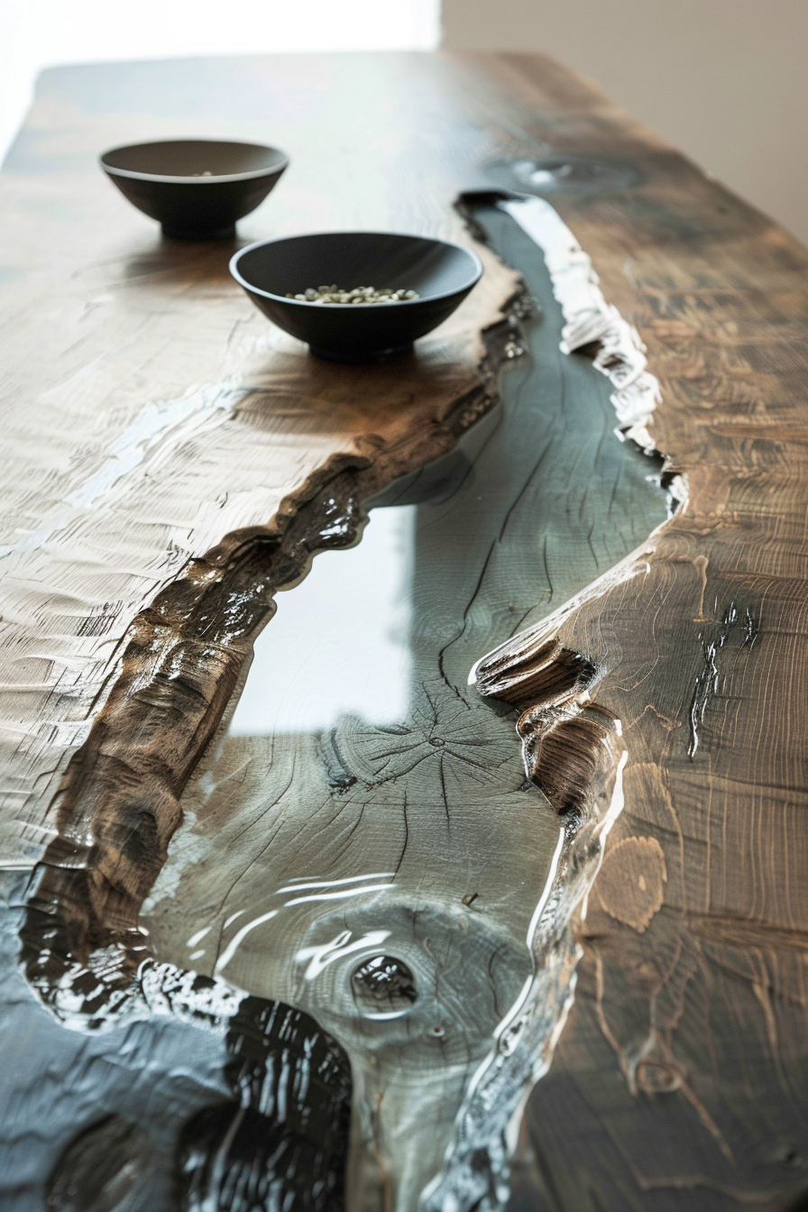 Wooden table with a resin river running through it, and two black bowls on top.