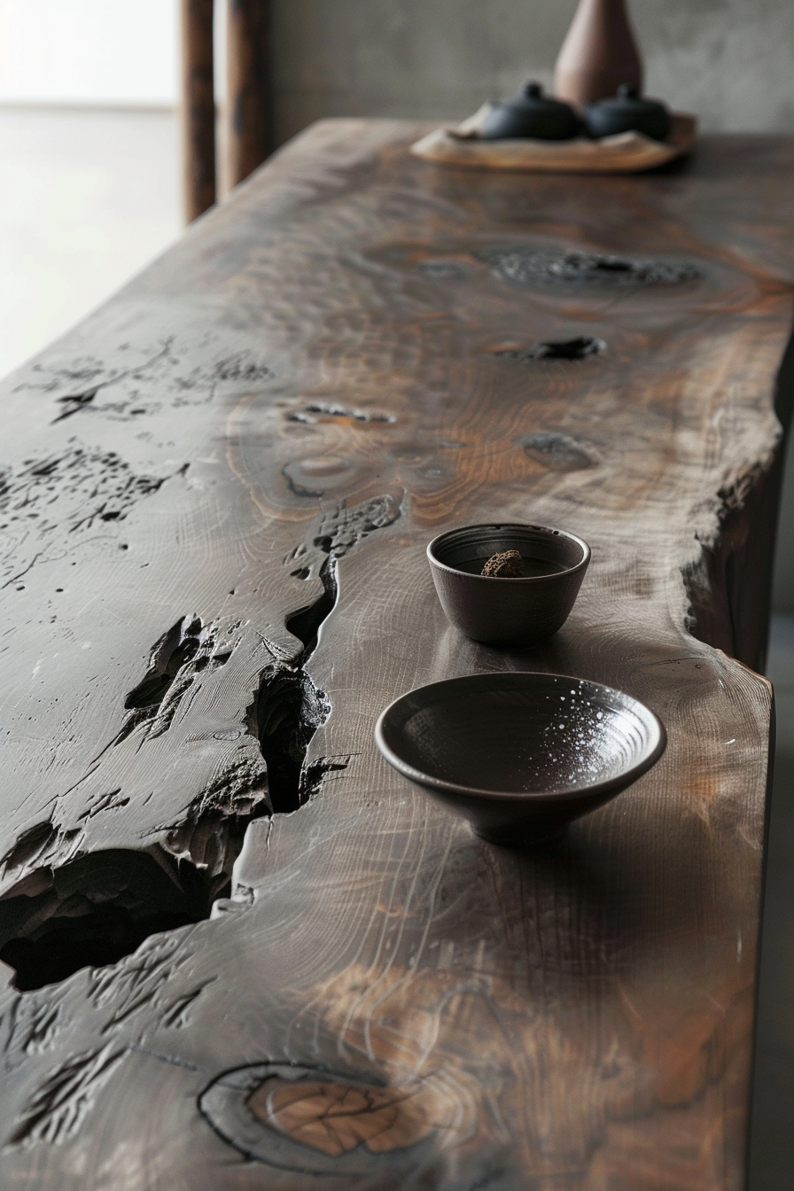 ALT: A rustic wooden table with a natural finish, featuring a textured surface with bowls and a plate, evoking a warm, artisanal atmosphere.