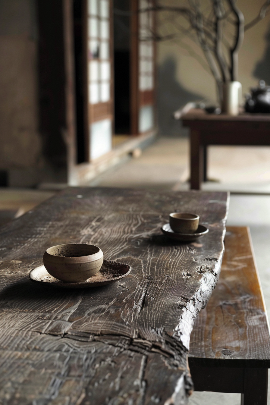 ALT: Two ceramic cups on saucers with spilled grounds on a rustic wooden table, suggesting a relaxed, traditional coffee setting.