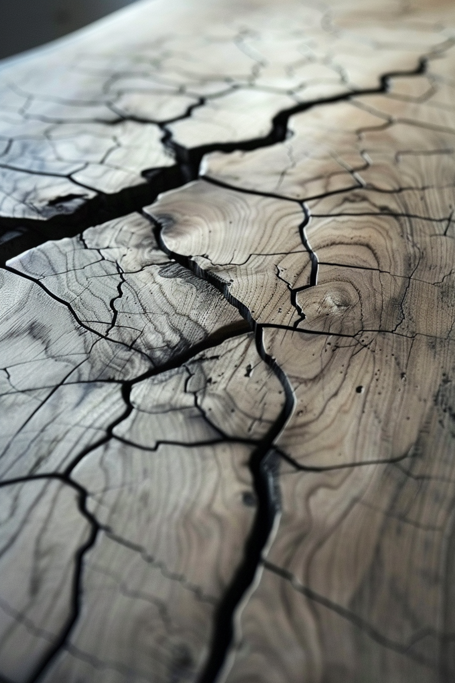 Close-up of a wooden surface with detailed grain patterns and deep black resin-filled cracks.