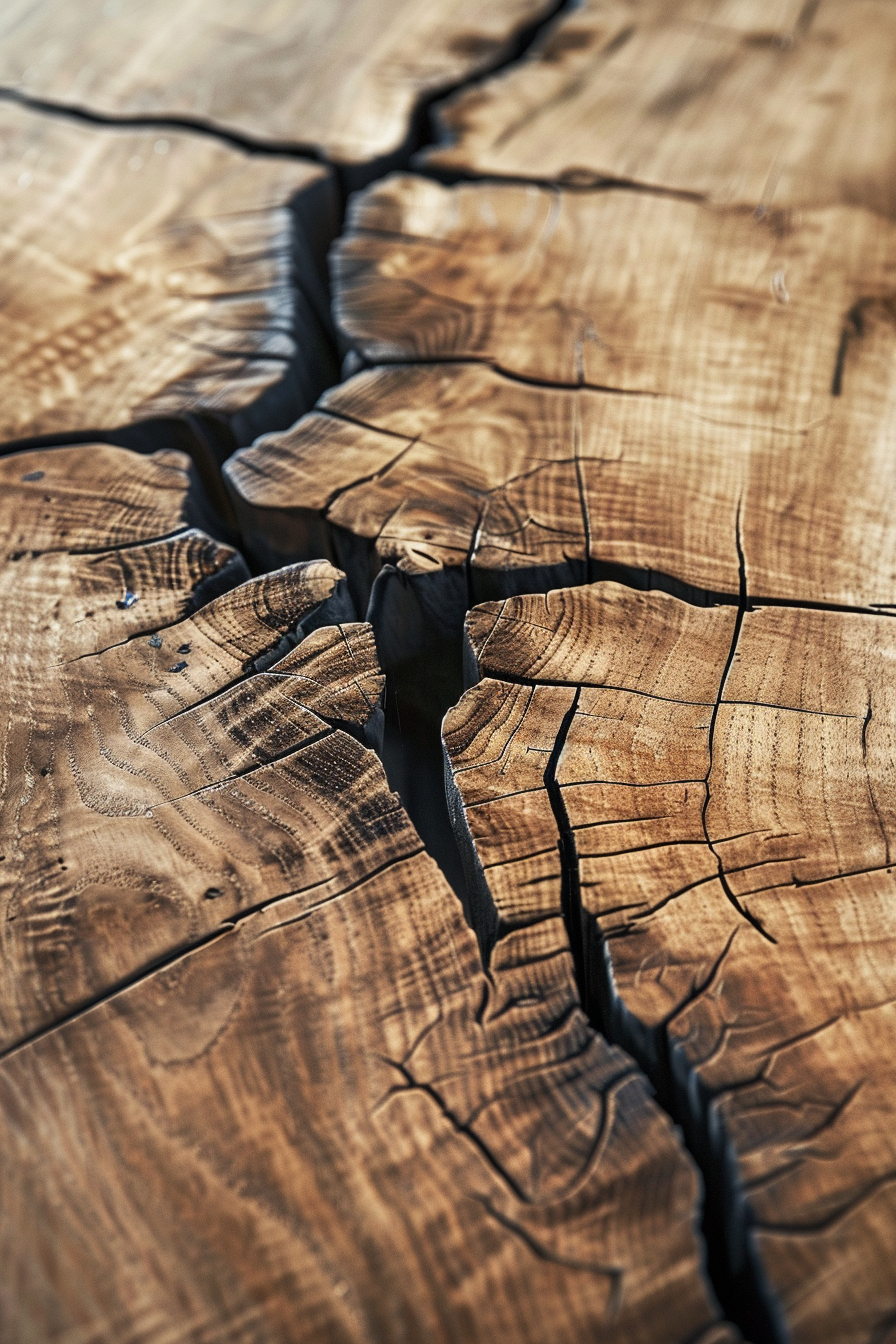 Close-up of a cracked wooden surface highlighting the intricate textures and growth rings.