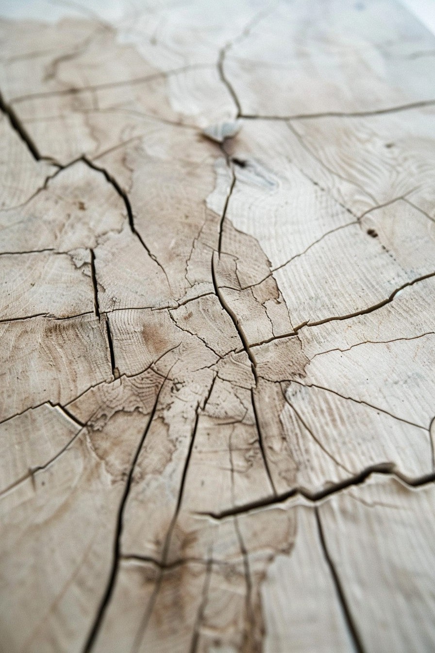 Close-up of a cracked wooden surface showing detailed grain patterns and textures.