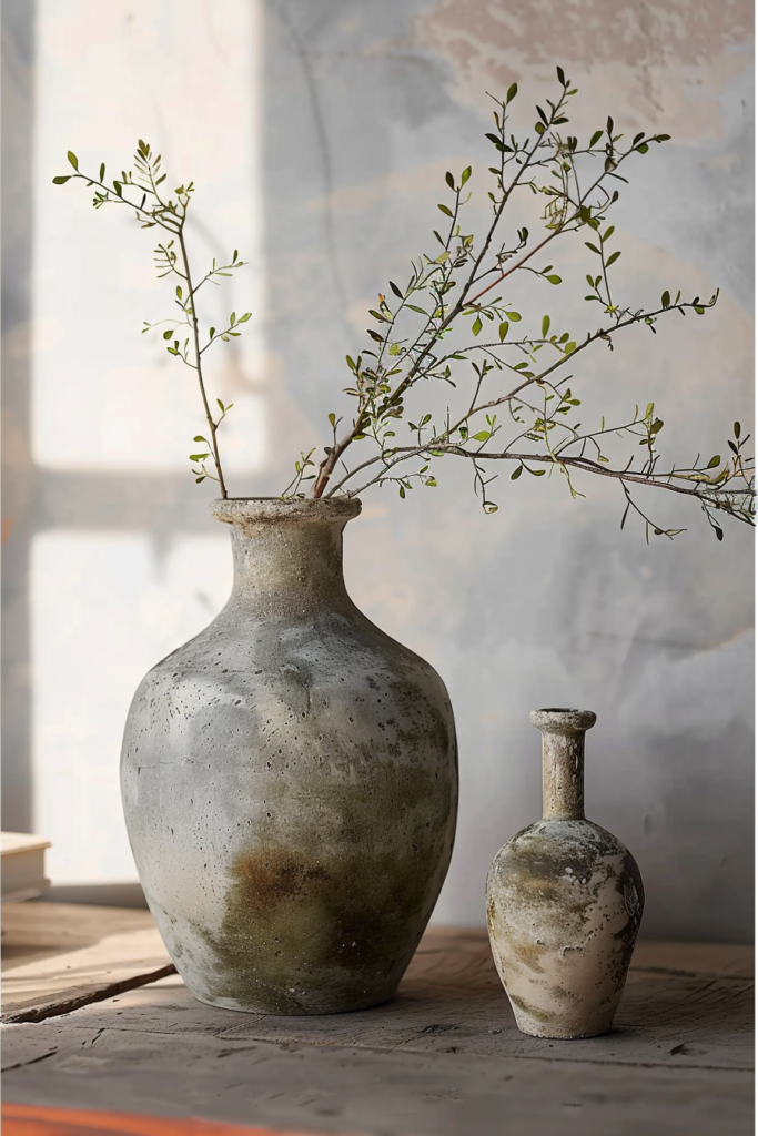 ALT: Two rustic vases of different sizes on a wooden surface, the larger one holding sprigs with green leaves, against a textured background.