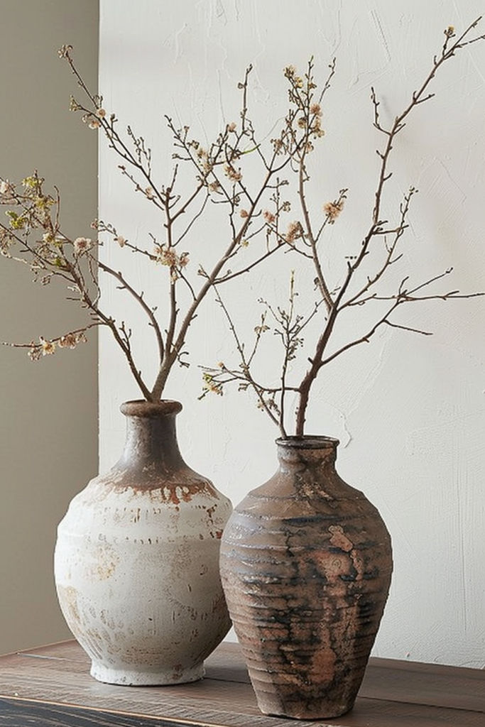 Two rustic ceramic vases on a wooden table, one white and one brown, each containing bare branches with budding flowers.