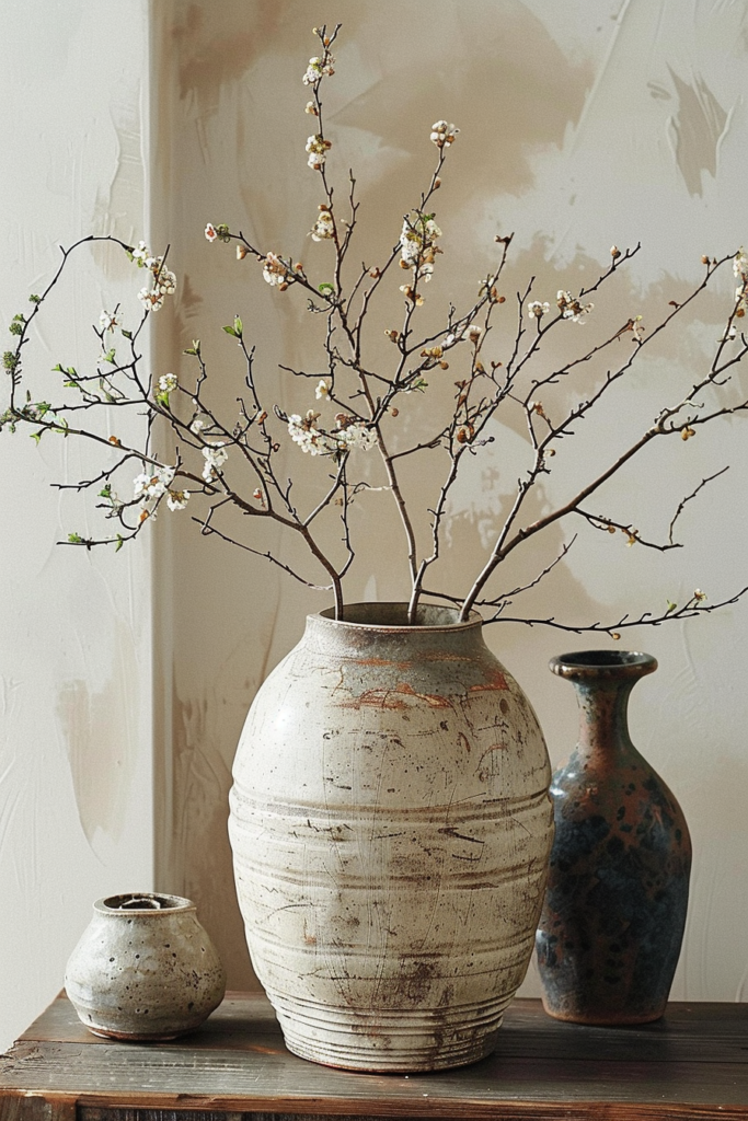 ALT: A large textured ceramic vase with blossoming branches on a wooden surface beside a small pot and a tall slender vase.