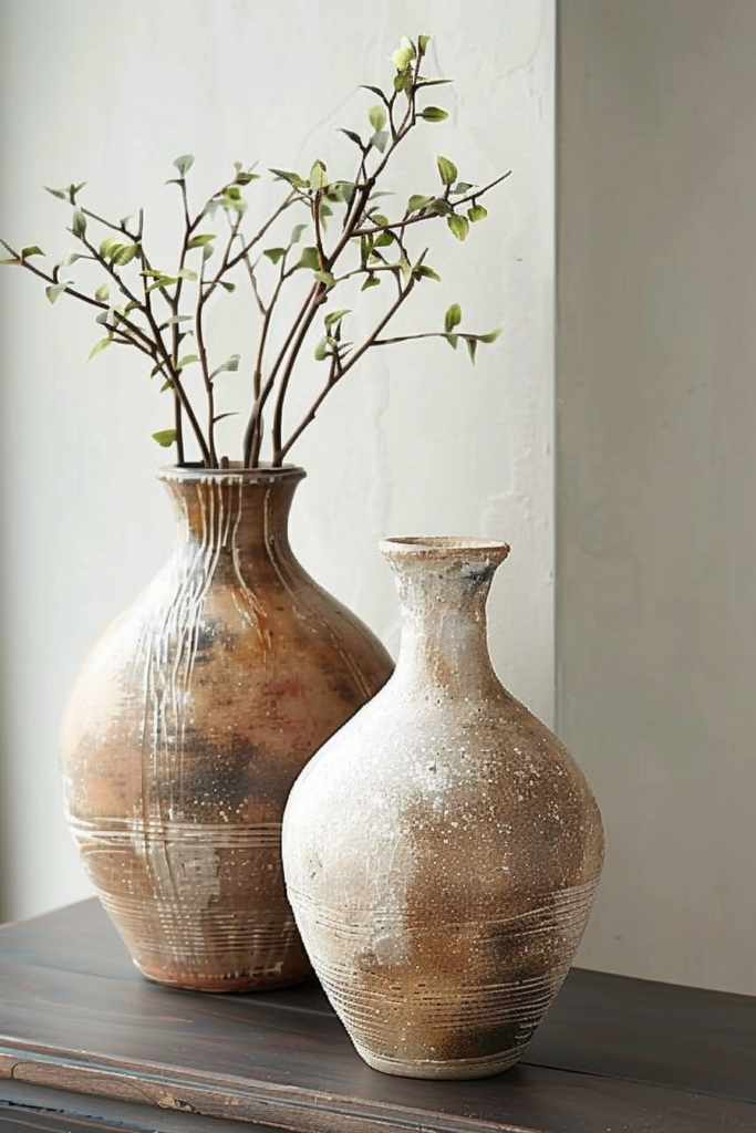 Two textured ceramic vases on a wooden surface, one with sprouting green branches, against a white backdrop.