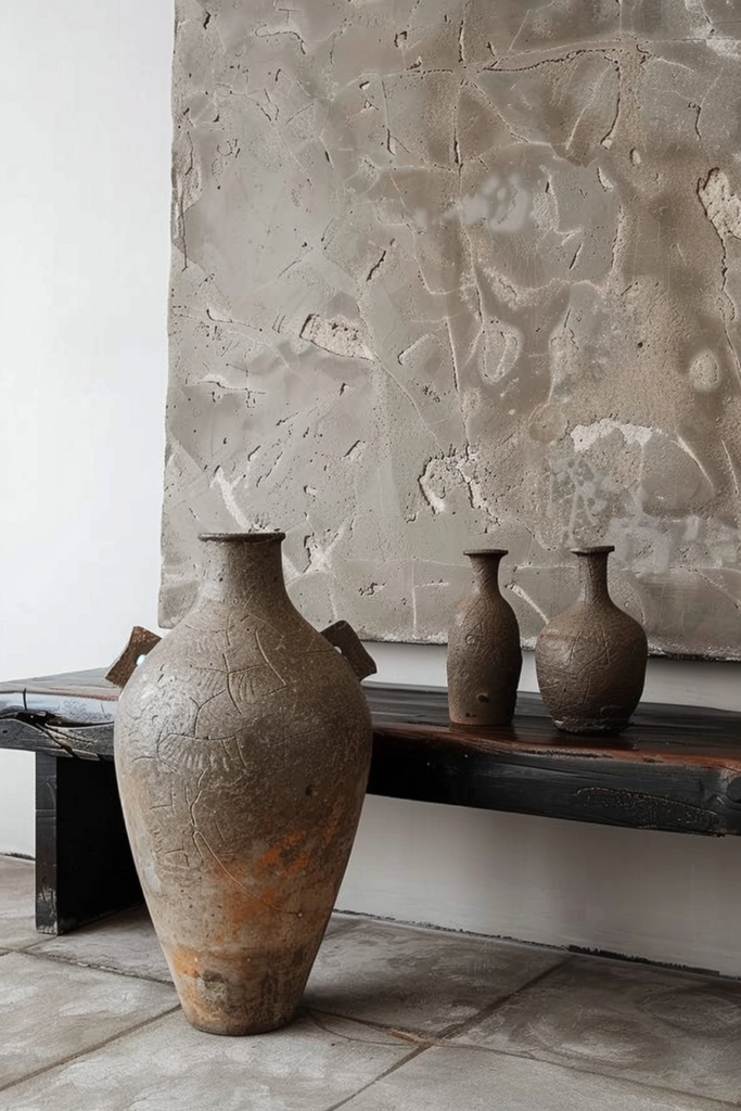 Three ancient vases on a dark wood shelf against a textured concrete wall, the largest placed on the floor.