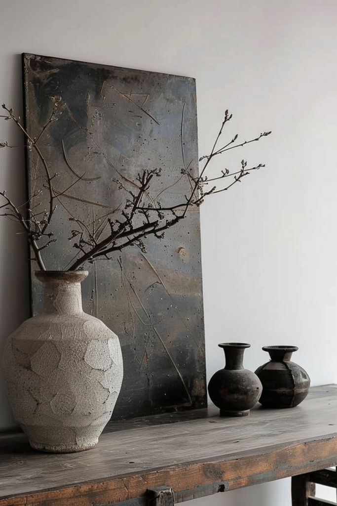 Rustic textured vase with branches on a wooden table against a backdrop of abstract art.