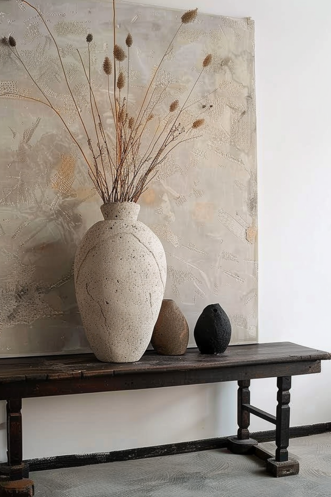 A textured vase with dried plants on an old wooden bench, flanked by two smaller stones, against a neutral-toned textured canvas.