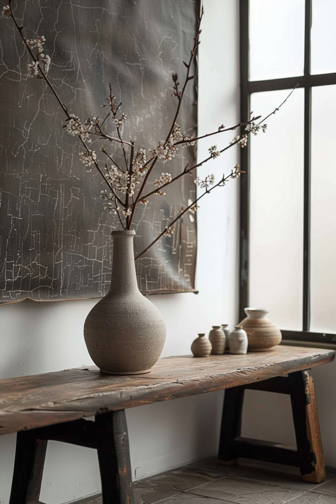 A textured vase with blooming branches on a rustic wooden table, near a window, with art and pottery in the background.