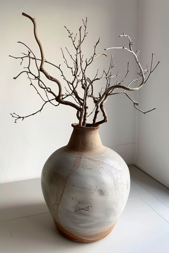 Alt: A rustic ceramic vase on a white surface, with several bare twisted branches protruding from its opening.