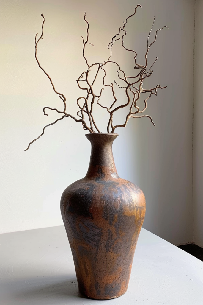 A tall, rustic brown vase on a white surface with several bare, twisting branches extending from the top, against a neutral background.