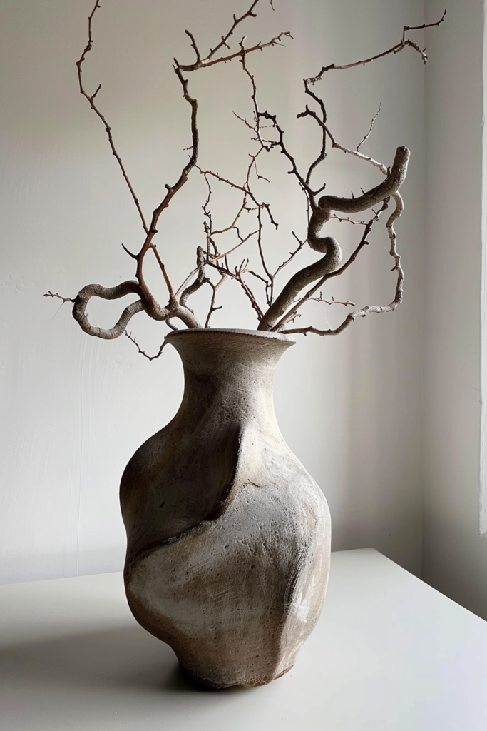 A rustic ceramic vase on a table with twisting, bare branches extending out of the top.