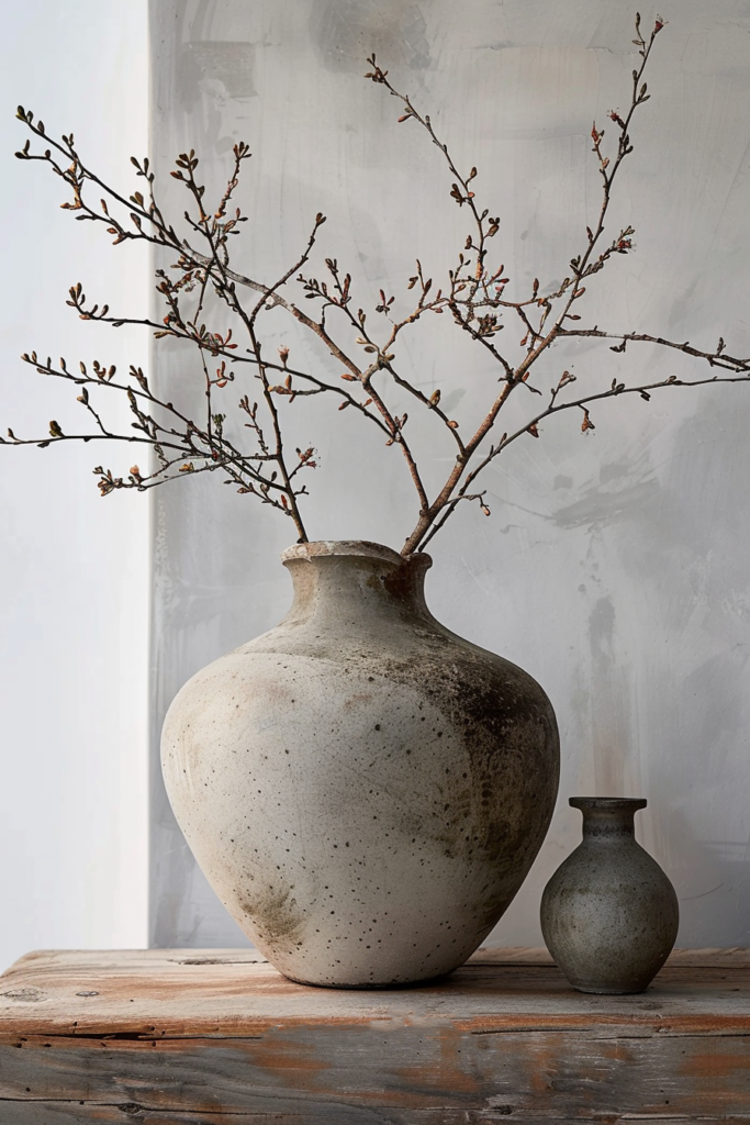 A large speckled ceramic vase with budding branches next to a smaller vase on a distressed wooden table, against a textured wall.