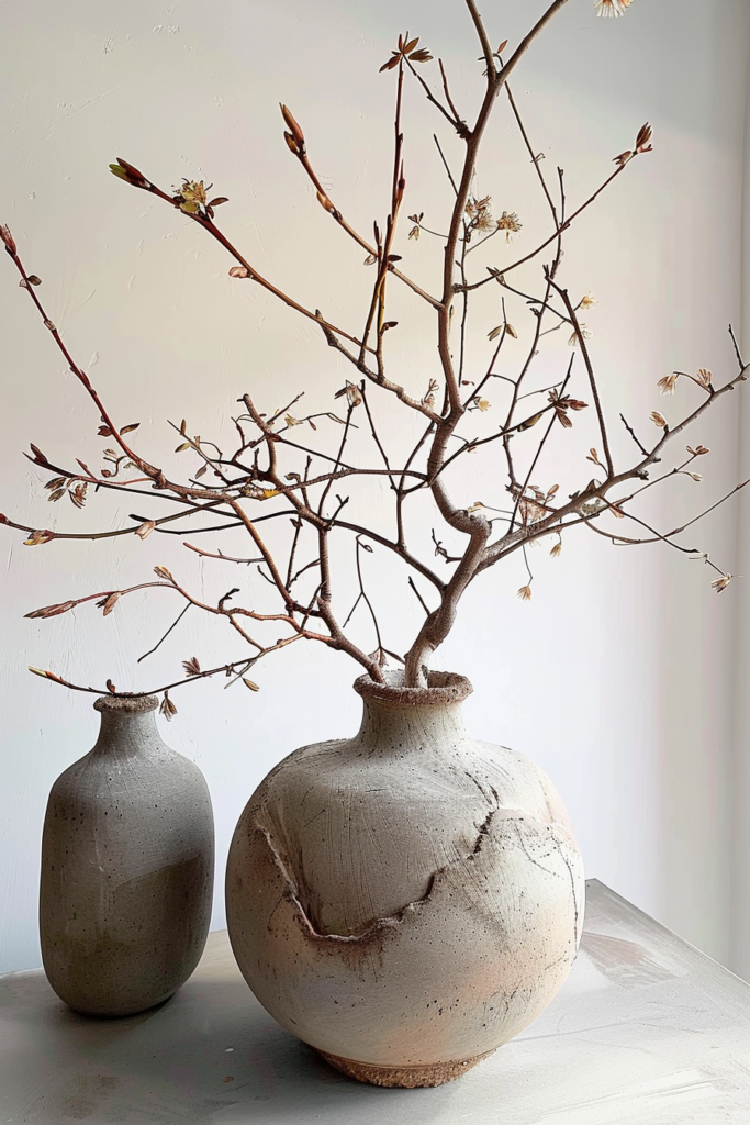 ALT: Two textured ceramic vases on a table, one with budding branches, in front of a white wall.