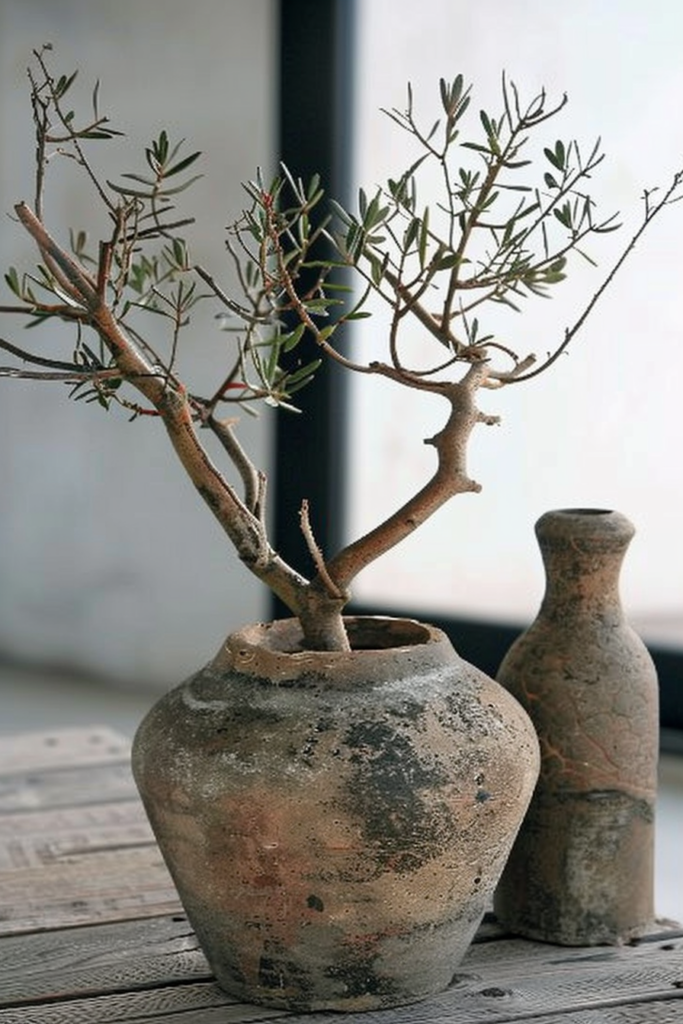 ALT text: "An olive tree branch emerging from an aged, textured pottery vase, with a similar empty vase beside it, on a wooden surface."