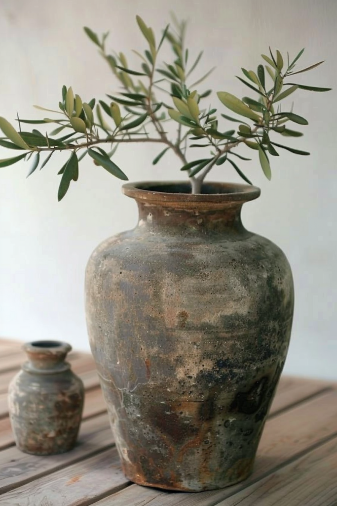 A large, weathered ceramic vase holding green olive branches next to a small pottery jar on a wooden surface.
