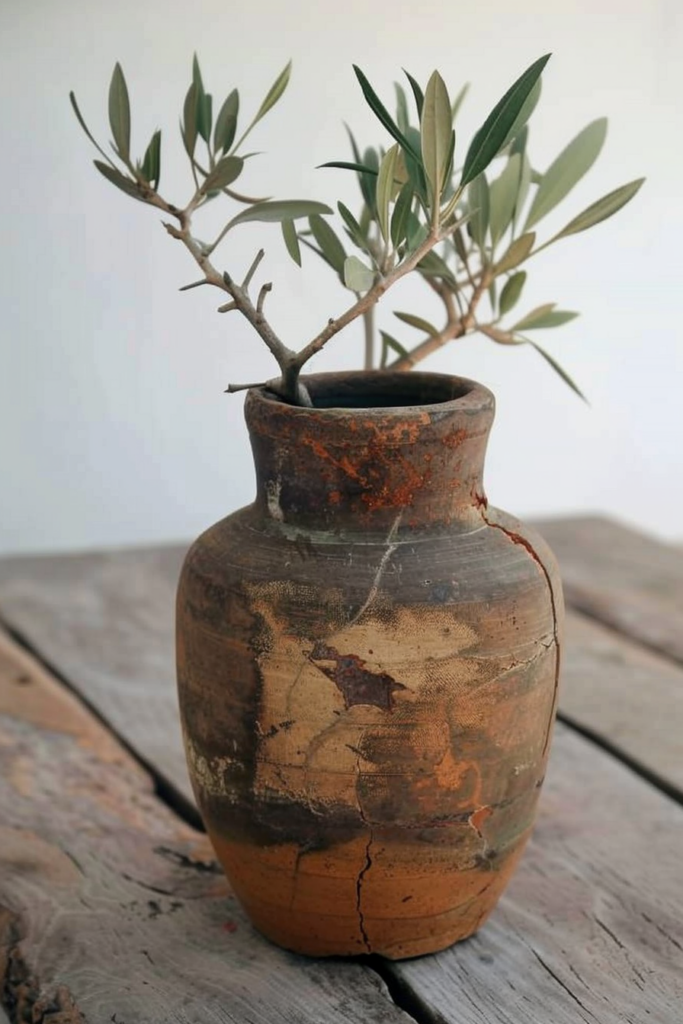 An aged ceramic pot with rustic texture and visible cracks, containing an olive branch, resting on a wooden surface.