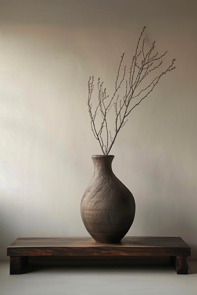 A textured wooden vase with dried branches on a dark wooden platform against a pale wall.