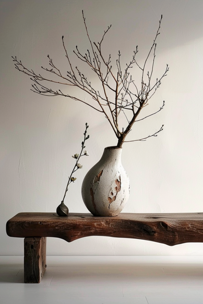 ALT: A rustic wooden bench with a textured white vase holding a leafless branch, next to a small bud on a slender stem.