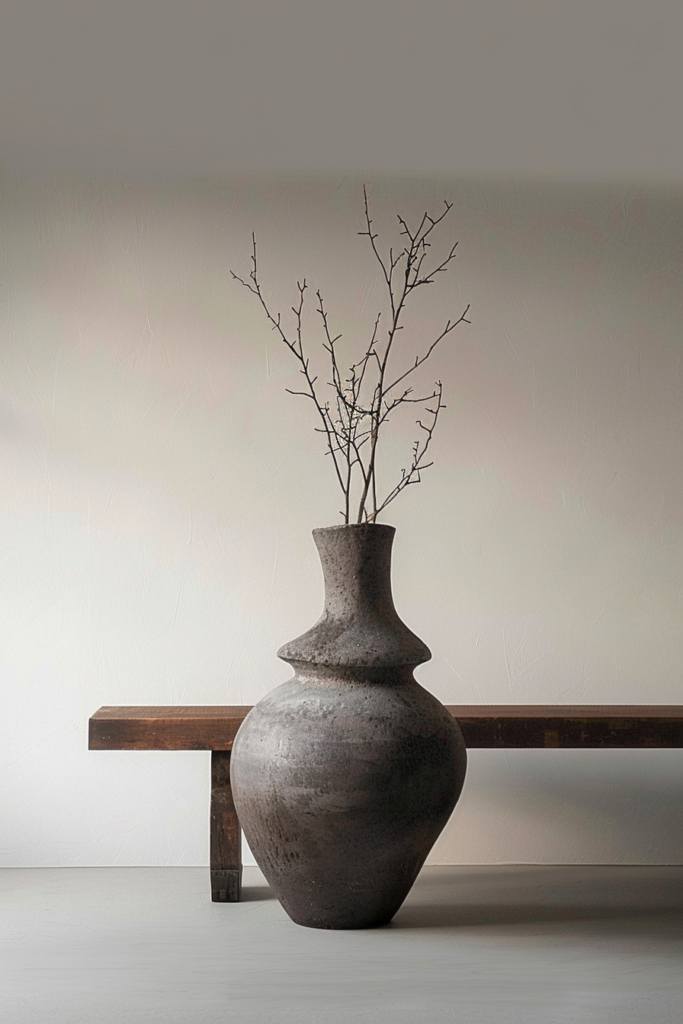 A textured gray vase with branches on a wooden ledge against a neutral background.