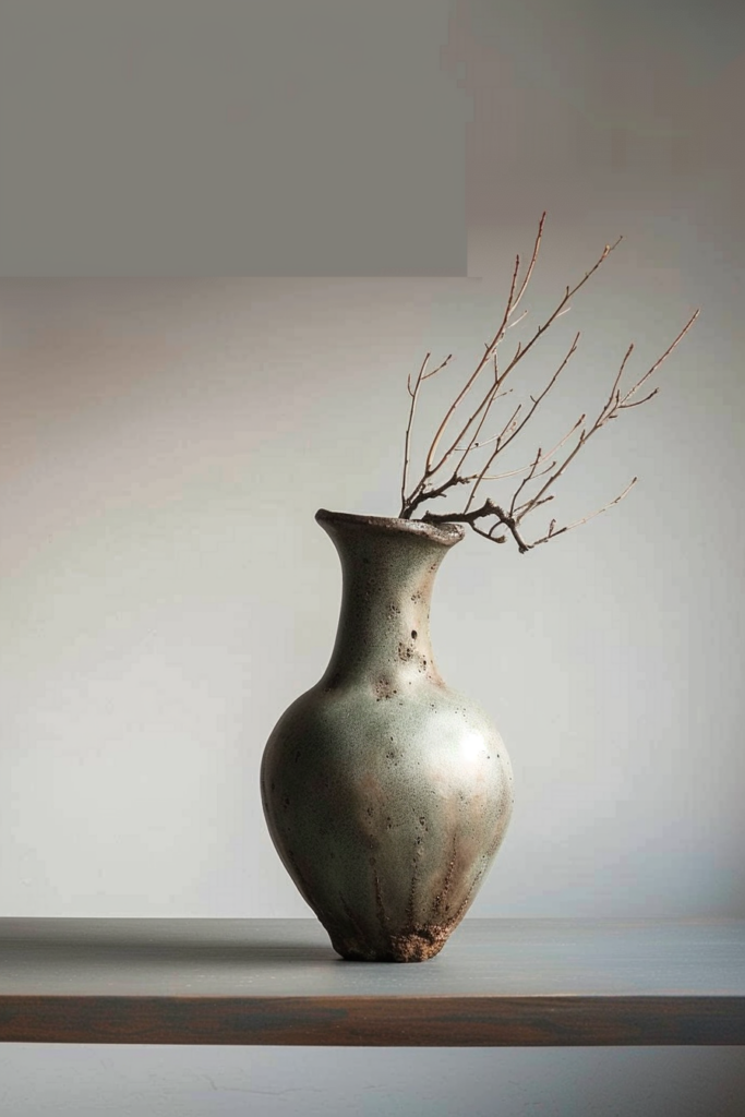 ALT: A simple ceramic vase on a wooden shelf holding several dry twigs, against a neutral background.