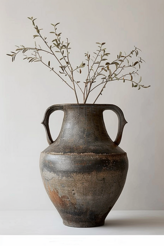 An aged, speckled ceramic vase with two handles containing sprigs of greenery against a neutral background.