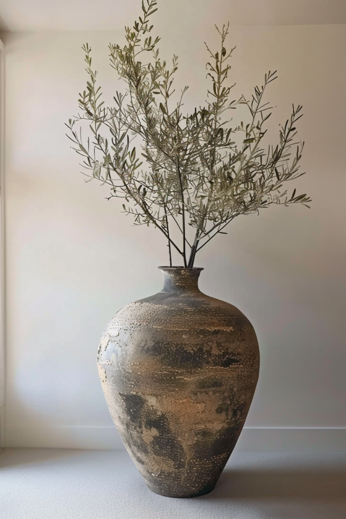 A textured ceramic vase with slender branches of green leaves against a neutral wall background.