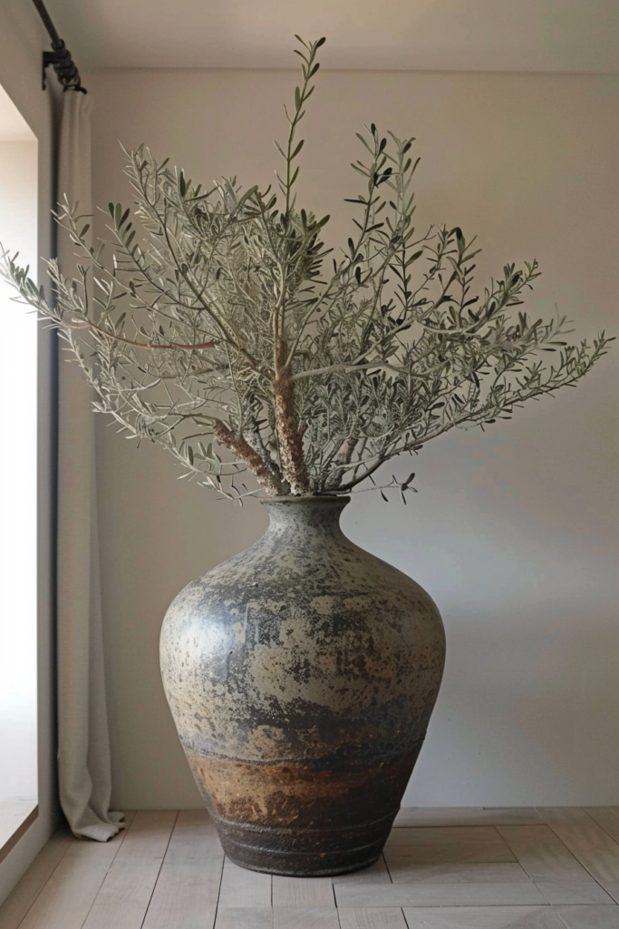 Large, weathered vase with olive branches standing on a wooden floor against a neutral wall.